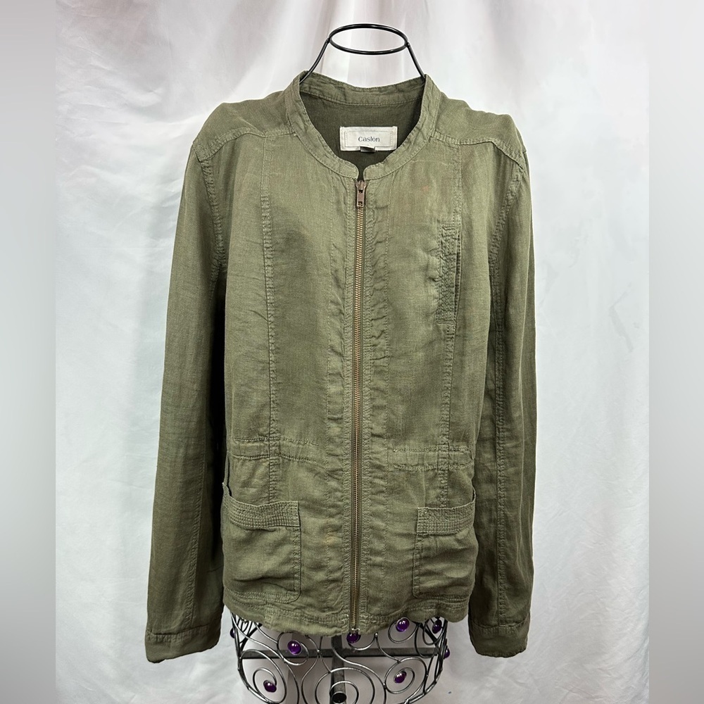 Caslon olive green zip up utility jacket size L